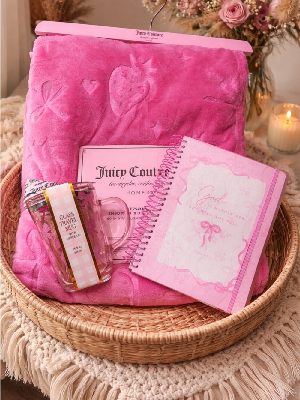 Juicy Couture Hot Pink Plush with Notebook & Travel Mug - Gift Set